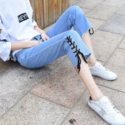 Cá tính dây đeo quần jean nữ sinh viên mùa thu Hàn Quốc phiên bản lỏng mỏng tám quần quần âu cao eo thẳng quần