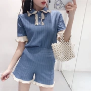 2018 mùa hè mới tương phản ngắn tay áo mỏng ve áo hàng đầu + cao eo mỏng ruffle quần short thời trang bộ