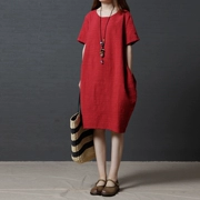 Đầm bà bầu mùa hè mới 2019 phiên bản Hàn Quốc rộng rãi có phần rộng dài cổ tròn cotton và vải lanh ngắn tay màu ngắn - Áo thai sản