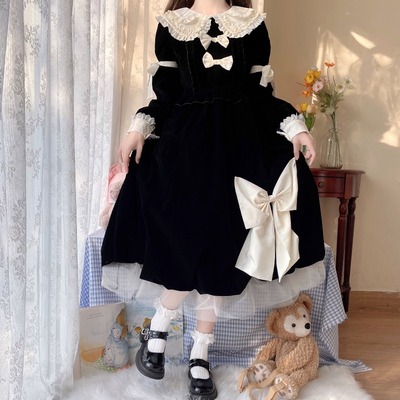 taobao agent Japanese cute velvet doll, autumn demi-season dress with sleeves, Lolita style, doll collar, long sleeve