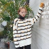 Mùa thu và mùa đông phụ nữ Hàn Quốc phiên bản của trường trong gió dài lỏng lỏng headband màu sắc tương phản sọc cao cổ áo dài tay áo len áo sơ mi Áo len