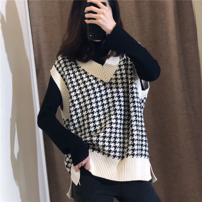 Apricot Vest (Split)Korean version new pattern houndstooth  jacquard weave v Collar sweater vest female easy Versatile knitting Vest female jacket Vest tide