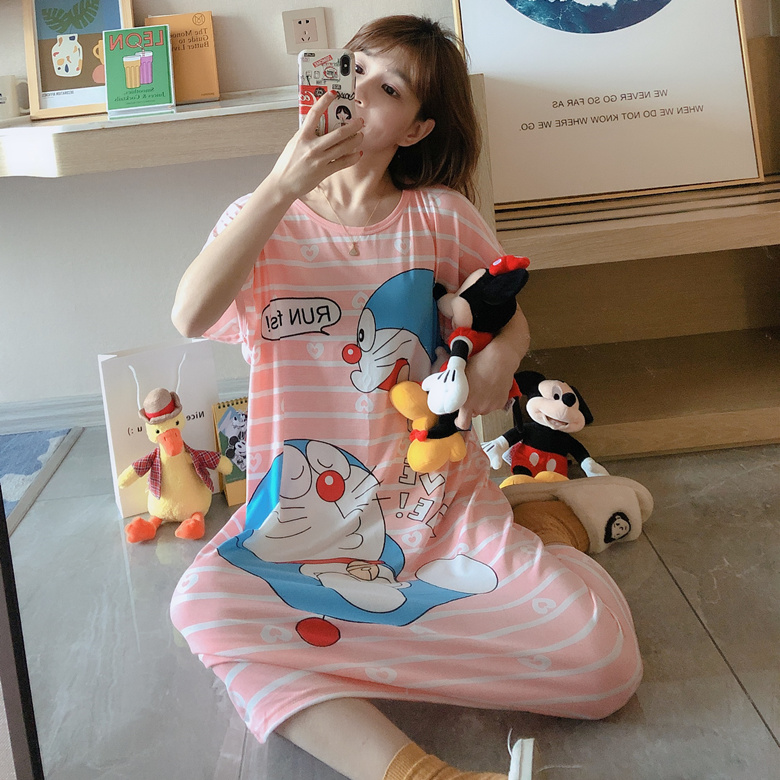 Pink Pattern Jingle SkirtNightdress female summer Thin Short sleeve pure cotton Princess style Korean version easy Big size pregnant woman pajamas Spring and autumn days leisure wear