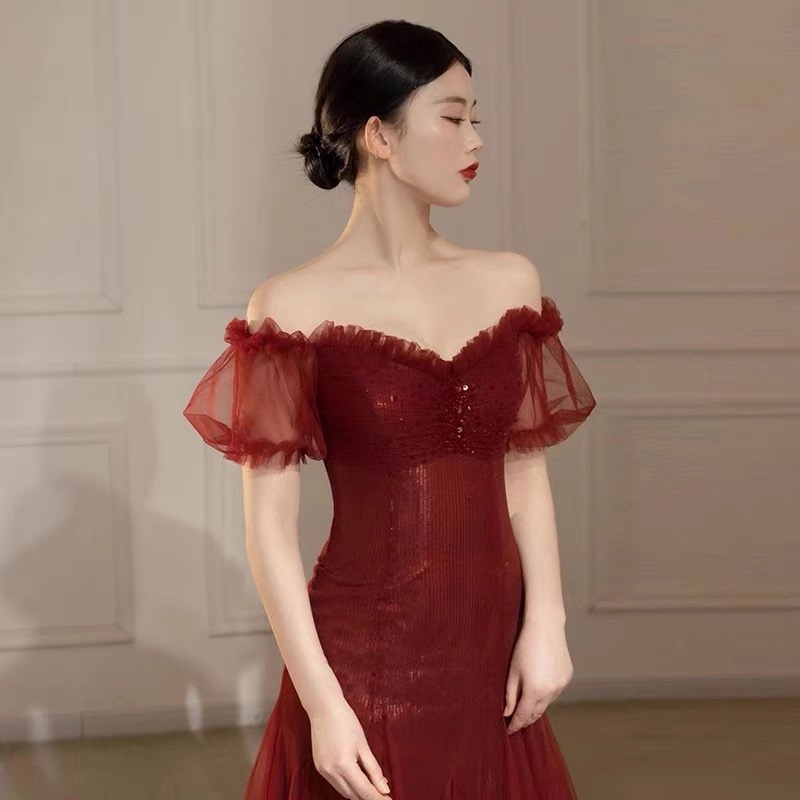 Burgundy evening dress, long wedding dress, 2021 collection, open shoulders