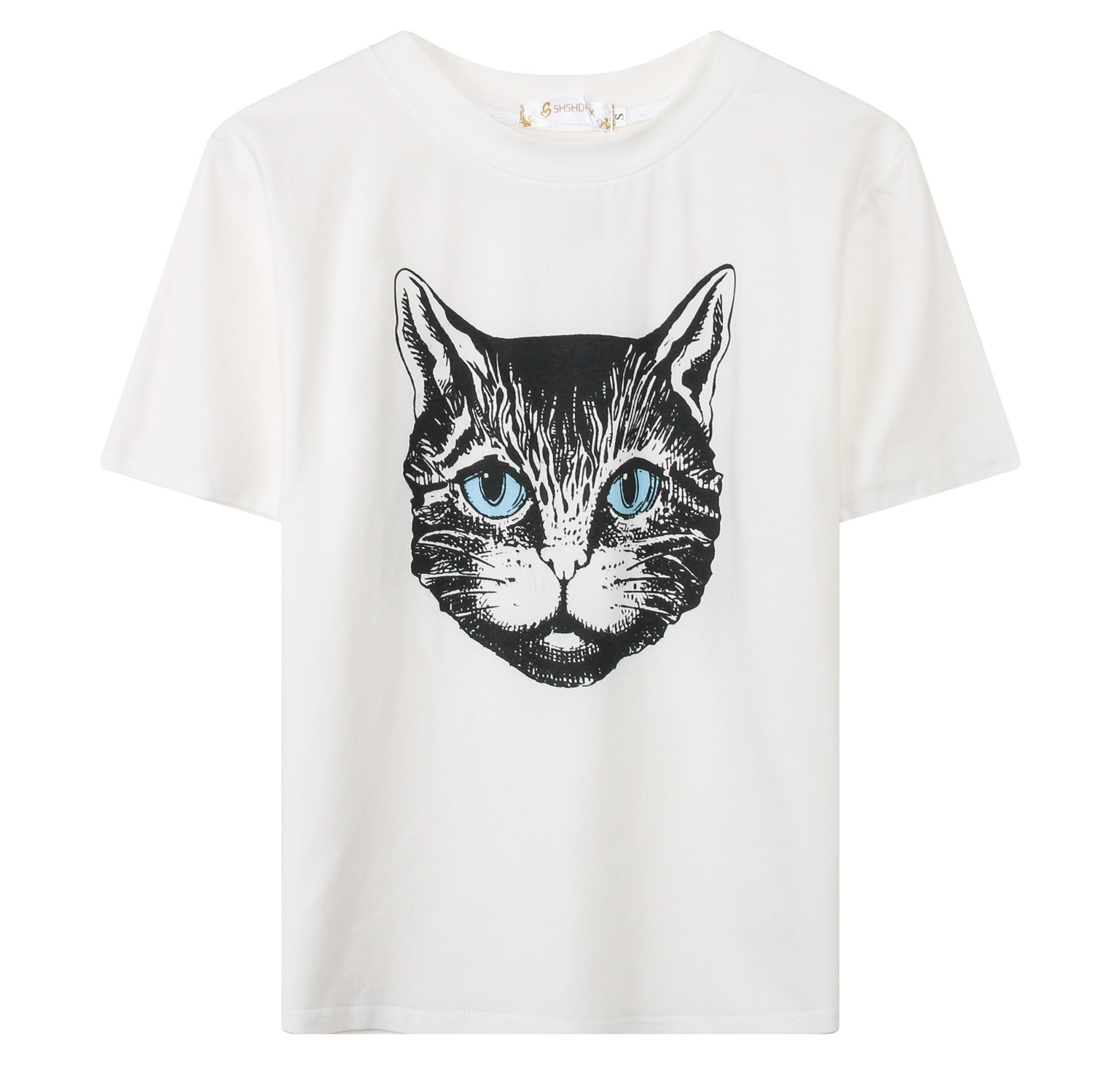 欧美爆款春夏季男女短袖t恤衫 时尚外贸烫画猫头上衣