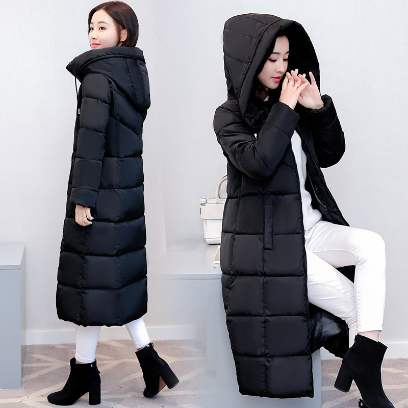 Chống mùa giải phóng mặt bằng 2018 mới bông phụ nữ mùa đông phần dài trên đầu gối bông quần áo trùm đầu dày mỏng kích thước lớn áo