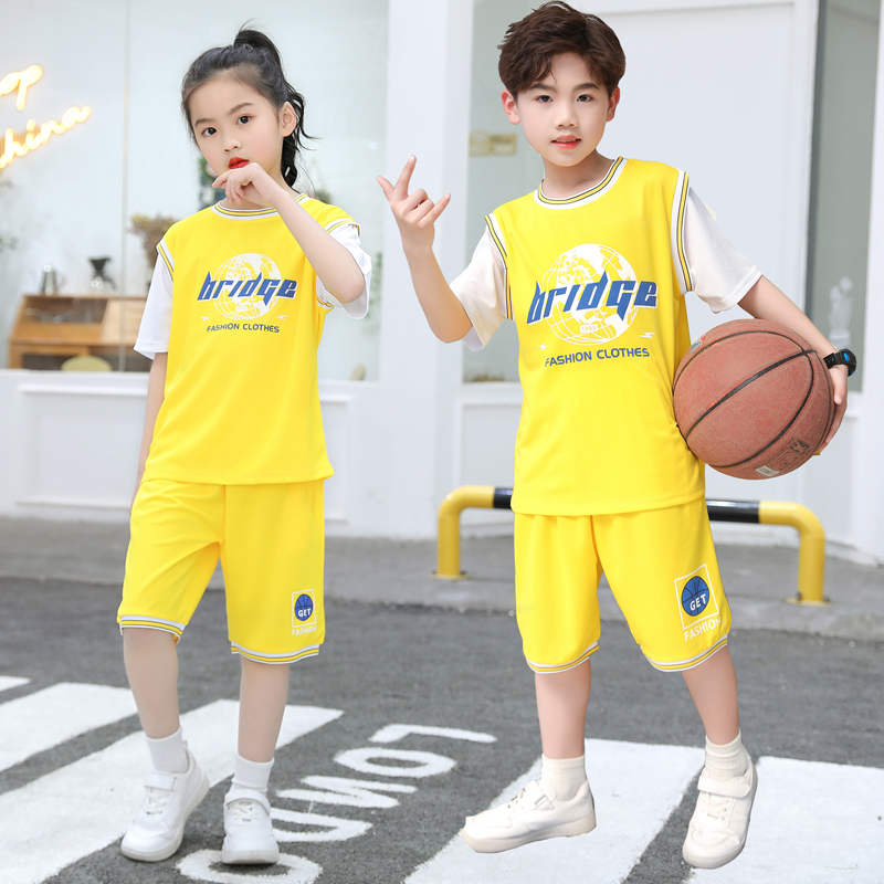 儿童夏季短袖篮球服套装男童女童假两件运动短袖宝宝休闲速干套装