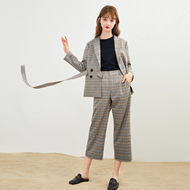Lecho 2018 mùa xuân mới nữ chic Hàn Quốc phiên bản của kiểm tra nhỏ phù hợp với áo khoác rộng chân kẻ sọc giản dị quần phù hợp với mùa thu đồ mặc nhà