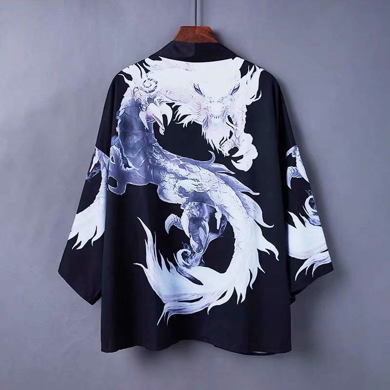 Black And White Dragon Taoist Robemen's wear improvement Hanfu Chinese style summer Thin Tang costume Chaopai Short sleeve Taoist Robe Cape Xianqi Retro Sunscreen