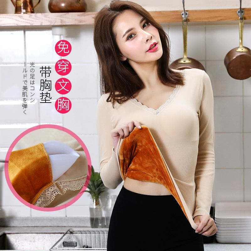 Đồ lót nữ nhiệt cộng với nhung dày V buộc ngực mà không mặc áo ngực mùa thu quần skinny áo sơ mi skinny - Áo ấm