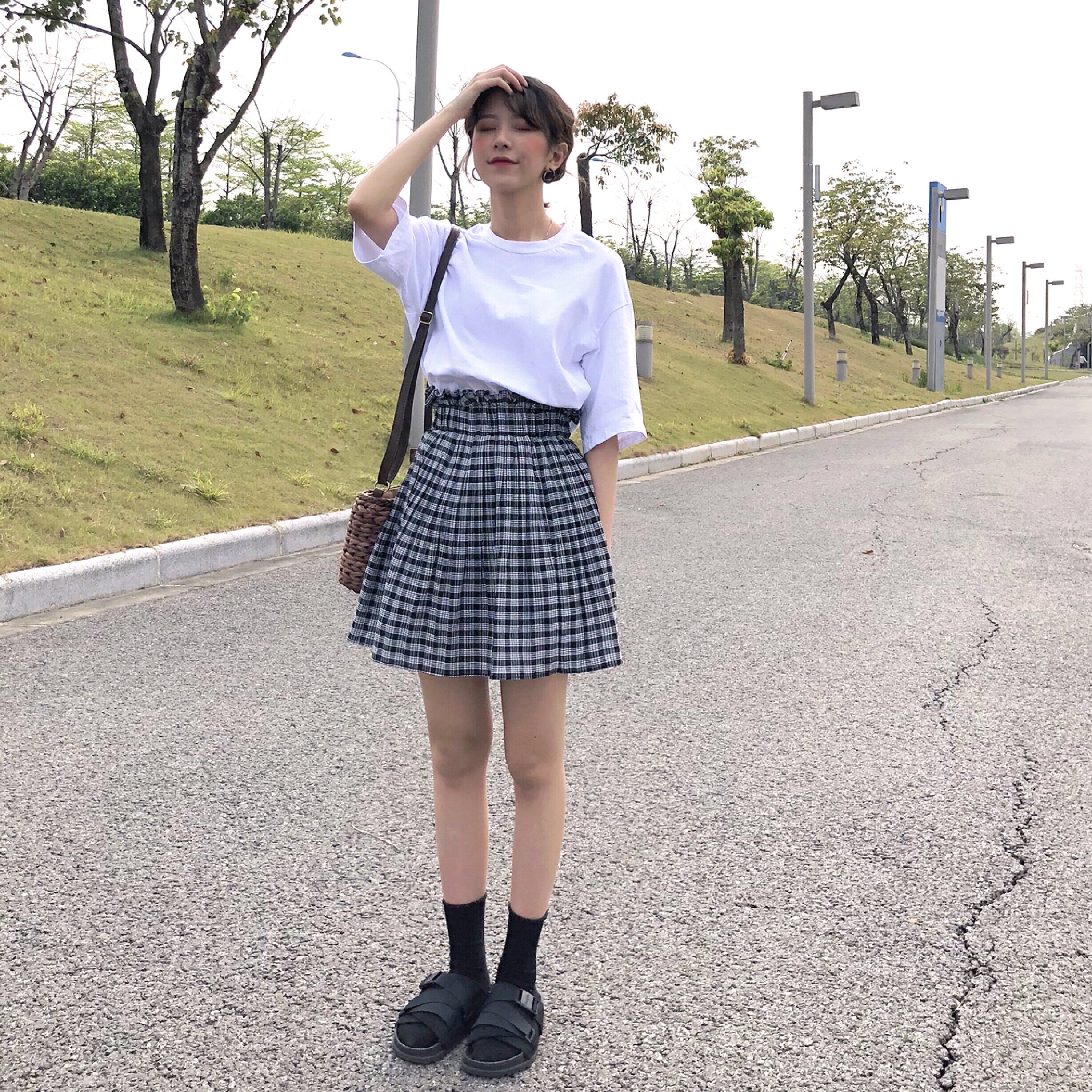 实拍 两色 经典格子半身裙女甜美百褶裙休闲学生短裙 裙裤