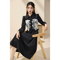 Fu 丨 Kamen Knight Subk 丨 Retro Hepburn Wind Black юбка Новая фальшивая двух платья -дизайнерские бренды