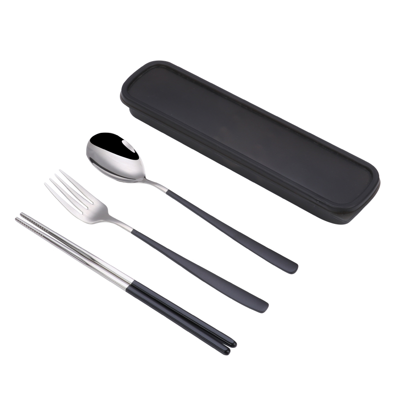 Black Silver Three Piece Set304 stainless steel Portable tableware suit chopsticks Portable Three piece set Fork Spoon chopsticks tableware customized logo