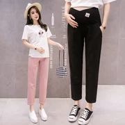 . Quần bà bầu 2019 hè mới thời trang phần mỏng mỏng quần chín mỏng ra quần cotton và vải lanh giải trí nâng bụng - Phụ nữ mang thai quần / quần bụng