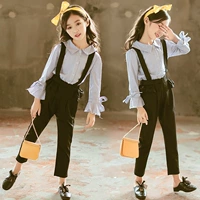 Quần áo trẻ em gái phù hợp với mùa thu mới lớn trẻ em phiên bản Hàn Quốc của tay áo kèn mỏng áo yếm hai mảnh - Phù hợp với trẻ em đồ bơi cho bé