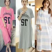 Áo ngủ ngắn tay mùa hè Hàn Quốc cotton dễ thương hoạt hình kích thước lớn phụ nữ lỏng lẻo dài đồ ngủ mùa hè dịch vụ nhà