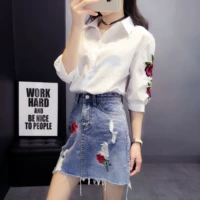 Mùa hè phù hợp với nữ thời trang hai mảnh 2018 mới nữ Hàn Quốc thêu hoa bông áo denim váy thủy triều chân váy nữ