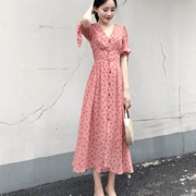 2018 phụ nữ mới của mùa hè ăn mặc chiều cao eo dài dress nữ voan ngắn tay cổ chữ v hồng floral dress
