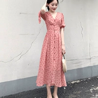 2018 phụ nữ mới của mùa hè ăn mặc chiều cao eo dài dress nữ voan ngắn tay cổ chữ v hồng floral dress váy hoa nhí dáng dài