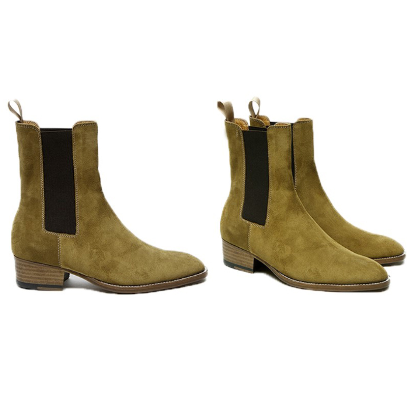 Khaki Green, 4Cm HeelEurope and America summer CHELSEA BOOT Chelsea boots male Sharp point genuine leather Britain Deer skin Gao Bang Martin boots male tide