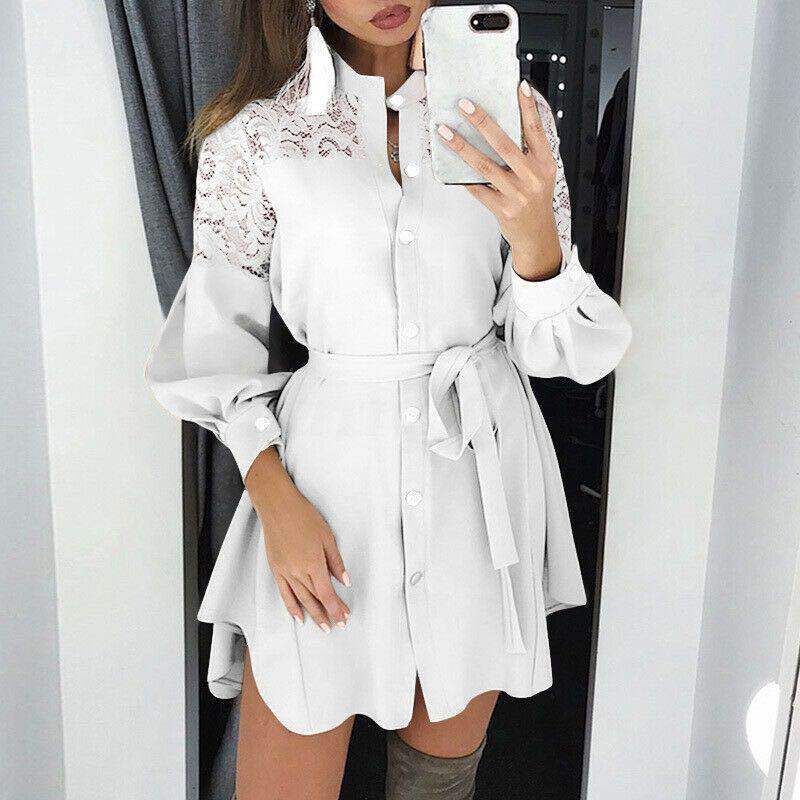 WhiteEurope and America autumn Big size Show thin ma'am Lace Cardigan belt Lining dress temperament Close your waist Long sleeve short A dress