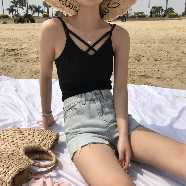 Hàn quốc chic retro hoang dã nhỏ SEXY の đàn hồi pit dải dây đeo ngực chữ thập strap vest 6 màu mùa hè nạp