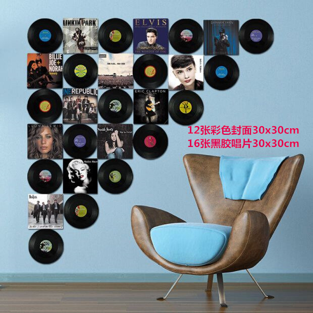 16 Records + 12 PostersVinyl record poster Wall decoration loft Industrial wind Retro shop bar cafe personality background Wall decoration