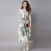 Mùa hè Hàn Quốc phiên bản của bông retro và in ấn vải lanh với đàn hồi eo ngắn tay áo swing lớn váy Một chiếc váy từ đã mỏng trong chiếc váy dài A-Line Váy