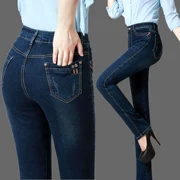 Mùa xuân 2018 quần jeans mẹ size lớn eo cao trung niên quần jeans nữ rộng co giãn thẳng trong quần người già