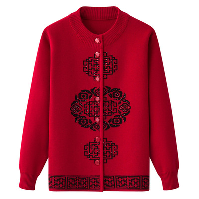 加绒加厚针织衫开衫红色2024本命年龙年卫衣女士秋冬季中老年外套