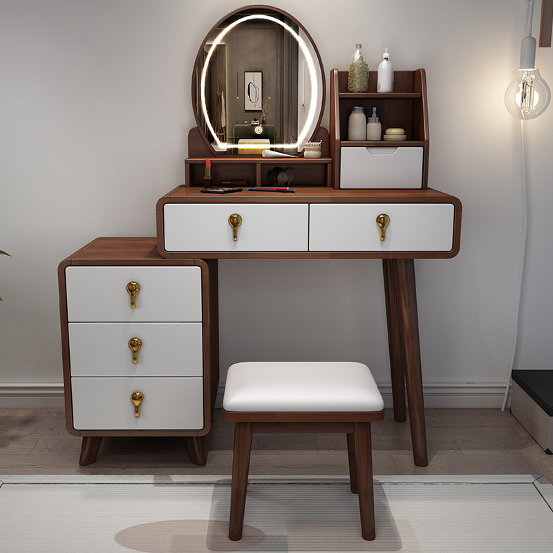 Tủ đựng bàn trang điểm bằng gỗ rắn Tủ lưu trữ tích hợp hiện đại phòng ngủ tối giản bàn trang điểm ánh sáng sang trọng Net Red Red Makeup Bàn làm gương đèn LED