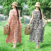 Váy cotton và vải lanh 2019 hè mới mỏng nữ văn học retro in họa tiết điểm sóng không tay váy dài nữ - Váy dài váy bút chì dài