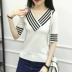 2018 mùa xuân và mùa thu mới của phụ nữ Hàn Quốc phiên bản của lớn màu trắng V-Cổ hoang dã đan năm điểm tay áo Slim đáy áo sơ mi Áo len cổ chữ V