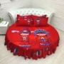 Giường tròn giường đôi giường cưới 1,8 mét khăn trải giường cưới đỏ giường váy bốn bộ bông tròn giường chăn bộ chăn ga gối đệm cưới everon