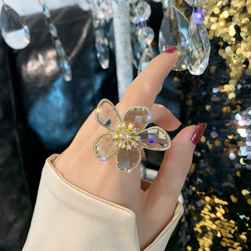 Golden Grey Crystal Flowerma'am Opening Ring female fashion personality ins tide index finger ring Cold wind solar system Light luxury Internet celebrity Prime circle Abstain