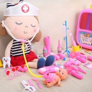 Trẻ em chơi bác sĩ đặt âm thanh mô phỏng y tá nhỏ và ống nghe ánh sáng bé tiêm cô gái đồ chơi hộp thuốc