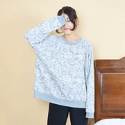 Đồ ngủ cao cỡ lớn cho nữ mùa thu đông dài tay dài chất béo MM cổ tròn phù hợp với tay áo đóng một mảnh áo dịch vụ nhà dệt hoa - Pyjama