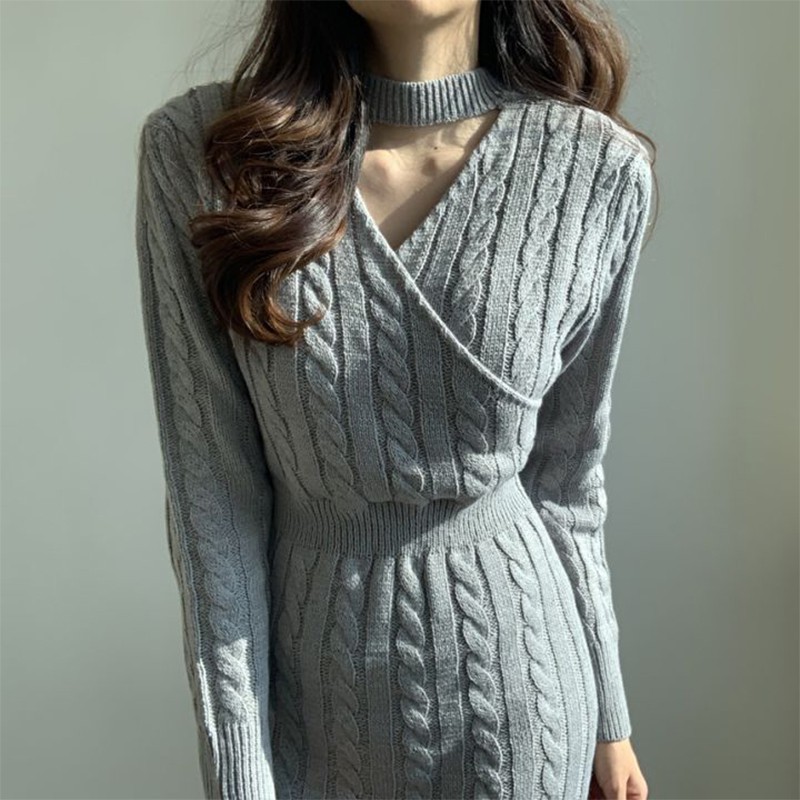 GreyVersatile personality Crew neck Twist pattern around Two wear Design Watch out Split sweater Dress female