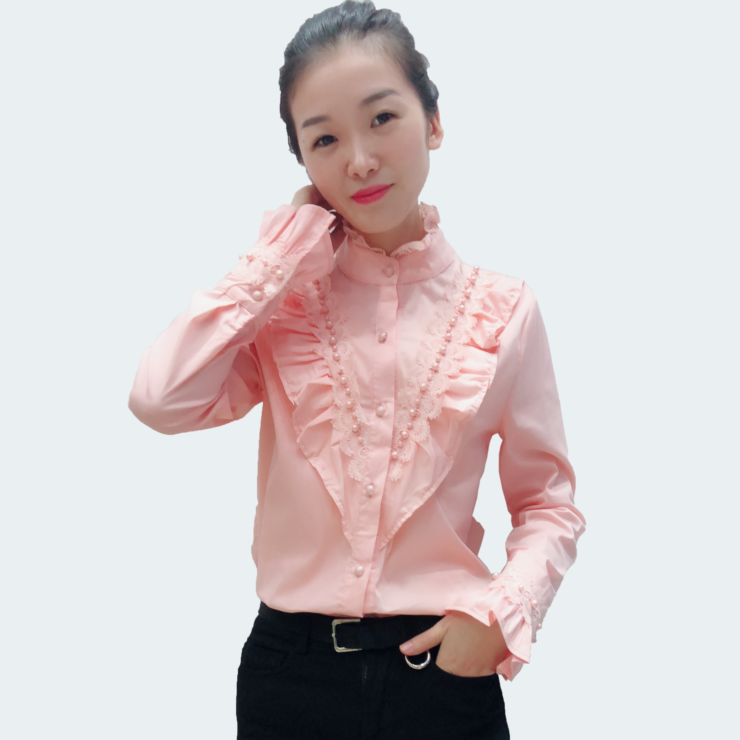 实拍港味复古甜美蕾丝钉珠花边立领衬衫女长袖2018韩范衣女潮812