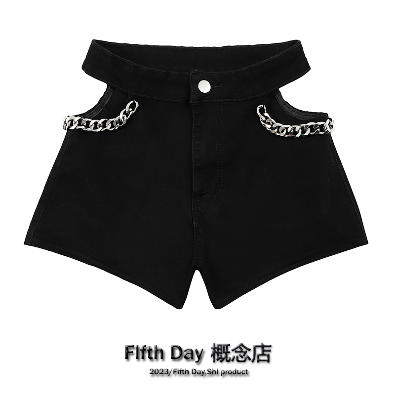 Brand design black denim skirt, shorts, trousers, chain, 2023 collection, trend of season, high waist