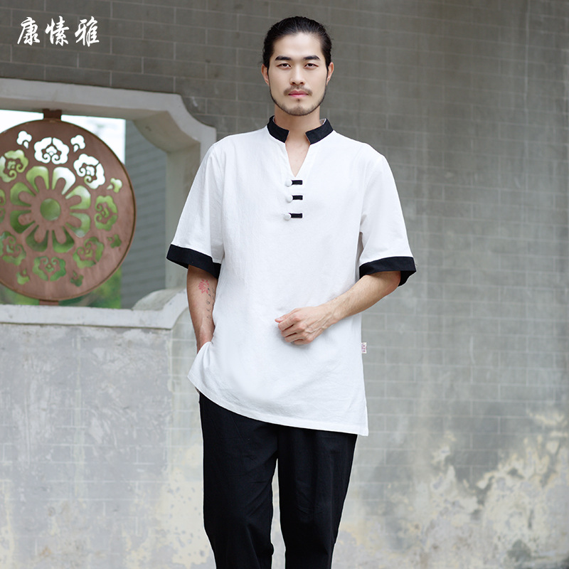 Quần áo yoga mùa hè cho nam thiền phù hợp với phong cách Trung Quốc lỏng cotton lanh thở trà quần áo thiền nhà dịch vụ trà nghệ thuật quần áo - Trang phục dân tộc