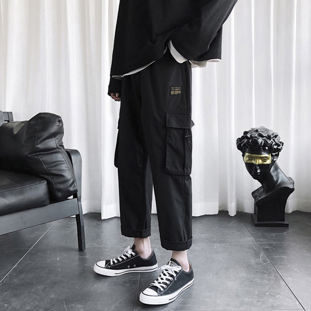 New fashion brand overalls men's loose wide legs and feet tied straight tube nine point ins hip and handsome casual Korean version trend