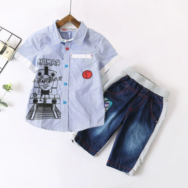 Thomas chính hãng Bộ đồ trẻ em Thomas Kids Áo sơ mi hoạt hình Quần áo 5 điểm Quần short denim - Phù hợp với trẻ em