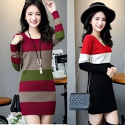 Mùa xuân và mùa thu và mùa đông của phụ nữ áo len kích thước lớn áo len nữ phiên bản Hàn Quốc của phần dài thon thả váy hip - Áo len cổ chữ V