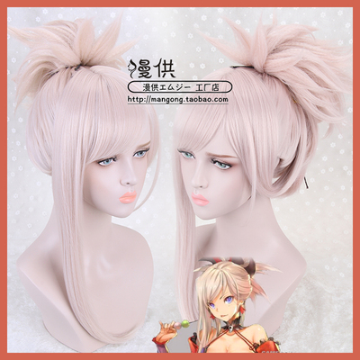 taobao agent FGO FATE Miyamoto Musashi COS wig tie high model+explosion fluffy ponytail pale pink