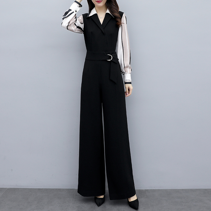 Black2021 spring clothes new pattern black fashion Jumpsuit female Chiffon leisure time trousers High waist Broad legs Jumpsuits suit female