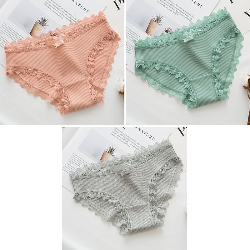039 Bean Red + Bean Green + Flower Ash2 strip / 3 strip ma'am underpants female pure cotton solar system Korean version Cotton girl student middle-waisted girl student Lace Briefs
