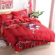 Hi tấm chăn trải giường bao gồm váy giường bốn bộ bông cưới váy cưới màu xanh lớn chăn đỏ bìa - Váy Petti