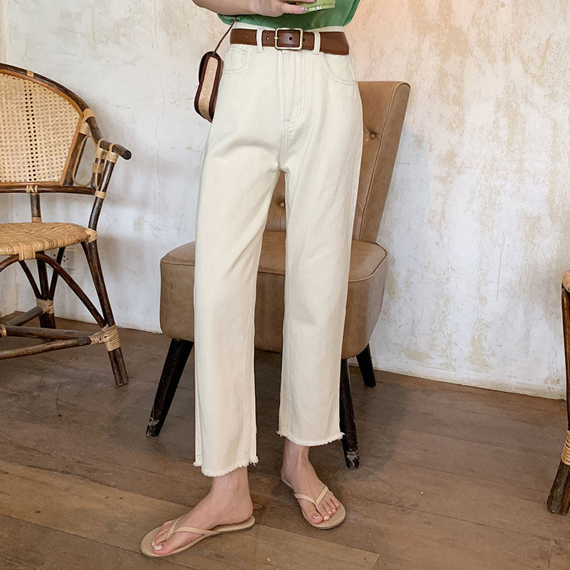 Beige high-waisted loose straight-leg jeans for women's summer 2022, a thin new style of petite apricot pants