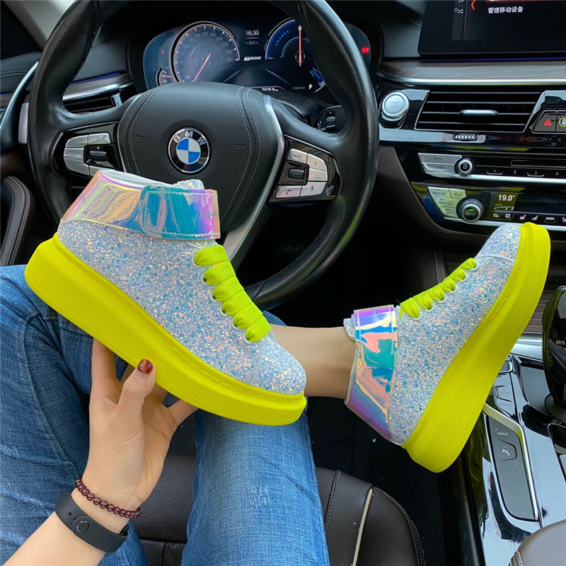 Fluorescent Yellow Background (Top Version)Gao Bang Sequins Autumn and winter Real cowhide Star of the same style Mai Kun Little white shoes men and women lovers Thick bottom Internal elevation Muffin